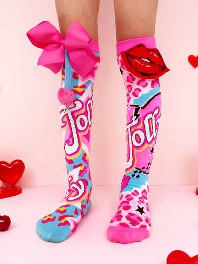 زوج من الجوارب الطويلة حتى الركبة - جوارب ملونة للتنكر للأطفال ، هدية يوم الجوارب المرحة والمجنونة للأطفال ، جوارب طويلة بتصميم غير متماثل مزينة بالشفاه والفيونكة والرسومات الجرافيتية والنمر