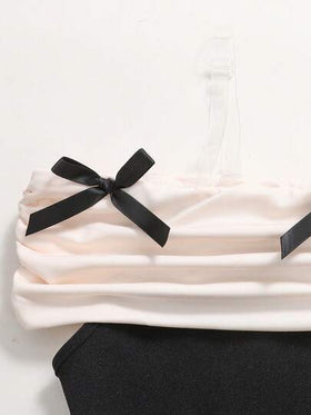 SHEIN فستان حفلة أنيق للفتيات المراهقات مزين بالأربطة والكشكشة وتصميم الألوان المتباينة على الكتف
