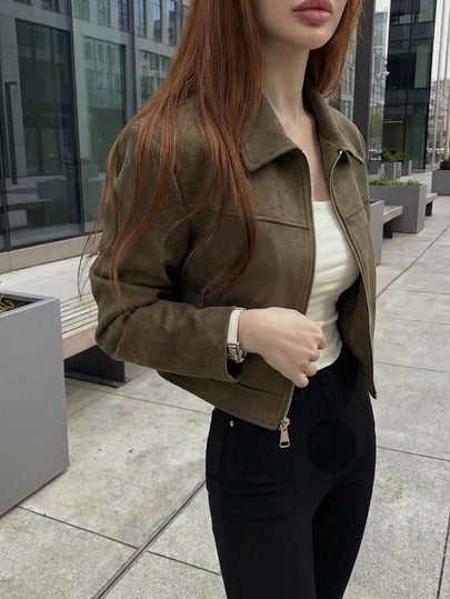 جاكيت نسائية مزودة بياقة مخملية صناعية ذات لون أحادي مع سحاب، للارتداء اليومي للمدرسة والمطار، مناسبة للربيع والخريف