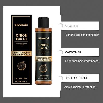 زيت شعر البصل من GleamXi مع زيت الأرغان - علاج لإضفاء اللمعان على الشعر الباهت والجاف والخالي من البريق، مناسب لجميع أنواع الشعر، 100 مل / 3.38 أونصة سائلة