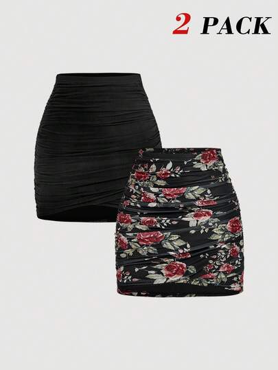 SHEIN MOD تنورة متوسطة الطول مطوية ذات لون أحادي وطباعة زهرية أنيقة لأسلوب العطلات للنساء، قطعتان