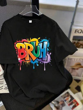 قميص تي شيرت كاجوال بأكمام قصيرة وياقة دائرية للمراهقين/الأولاد بطباعة حرف "Bruh"، طباعة ملونة، جديد لفصلي الربيع والصيف