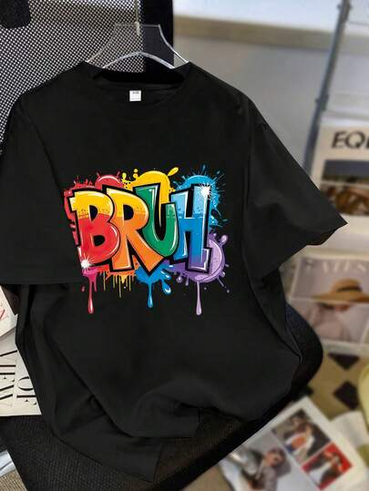 قميص تي شيرت كاجوال بأكمام قصيرة وياقة دائرية للمراهقين/الأولاد بطباعة حرف "Bruh"، طباعة ملونة، جديد لفصلي الربيع والصيف