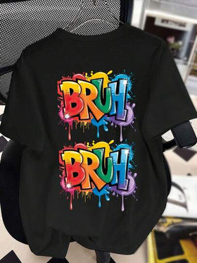 قميص تي شيرت كاجوال بأكمام قصيرة وياقة دائرية للمراهقين/الأولاد بطباعة حرف "Bruh"، طباعة ملونة، جديد لفصلي الربيع والصيف