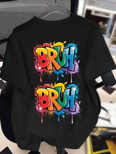 قميص تي شيرت كاجوال بأكمام قصيرة وياقة دائرية للمراهقين/الأولاد بطباعة حرف "Bruh"، طباعة ملونة، جديد لفصلي الربيع والصيف