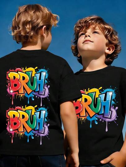 قميص تي شيرت كاجوال بأكمام قصيرة وياقة دائرية للمراهقين/الأولاد بطباعة حرف "Bruh"، طباعة ملونة، جديد لفصلي الربيع والصيف