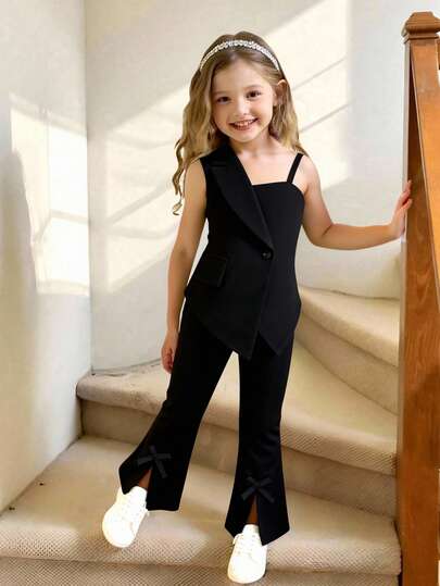 Elladie kids طقم ملابس علوية بدون أكمام مع حافة غير متماثلة وبنطال واسع للفتيات، ملابس كاجوال خضراء عصرية وطازجة
