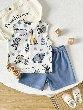 SHEIN Playful Pals طقم سترة بلا أكمام مطبوع بطبعة ديناصور كرتونية للأولاد والشورت الأخضر الأحادي اللون، طراز حيوي وجميل، مناسب للمغامرات الخارجية والارتداء المنزلي المريح وأوقات الحفلات السعيدة