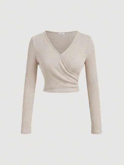 SHEIN MOD طقم تي شيرت بأكمام طويلة وبنطلون من القطن المخملي الكاكي للنساء