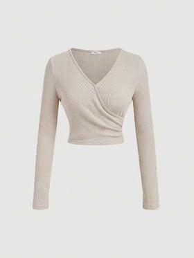 SHEIN MOD طقم تي شيرت بأكمام طويلة وبنطلون من القطن المخملي الكاكي للنساء