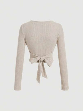 SHEIN MOD طقم تي شيرت بأكمام طويلة وبنطلون من القطن المخملي الكاكي للنساء
