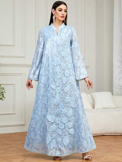 Solessence رمضان عباءة نسائية أنيقة، ذات رقبة على شكل حرف V، مطرزة ومزينة بالخرز، جلابية طويلة، مناسبة للحفلات والمناسبات والارتداء اليومي والاستخدام المنزلي