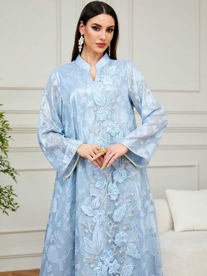 Solessence رمضان عباءة نسائية أنيقة، ذات رقبة على شكل حرف V، مطرزة ومزينة بالخرز، جلابية طويلة، مناسبة للحفلات والمناسبات والارتداء اليومي والاستخدام المنزلي