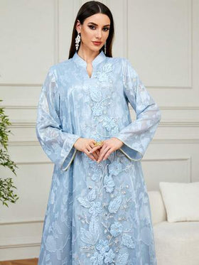 Solessence رمضان عباءة نسائية أنيقة، ذات رقبة على شكل حرف V، مطرزة ومزينة بالخرز، جلابية طويلة، مناسبة للحفلات والمناسبات والارتداء اليومي والاستخدام المنزلي