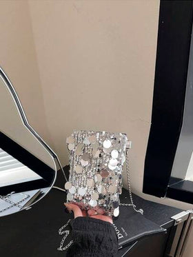 حقيبة كتف صغيرة مزينة بالترتر مع سلسلة، حقيبة كروس بنمط شخصي بسيطة، حقيبة كلاتش أنيقة، حقيبة هاتف للسيدات مزينة بالترتر عصرية، الزخرفة السلسلة تستوعب الهاتف والعملات، مناسبة للتسوق