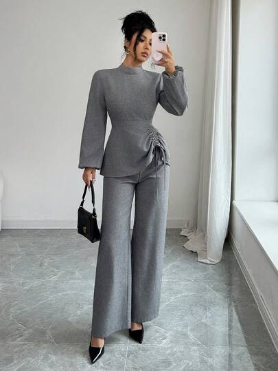 SHEIN PETITE مجموعة ملابس علوية وبنطلون للنساء الصغيرات الحجم ذات طوق عالي وأكمام فانوس وخصر قابل للسحب، مناسبة للمعلمات في فصلي الربيع والخريف