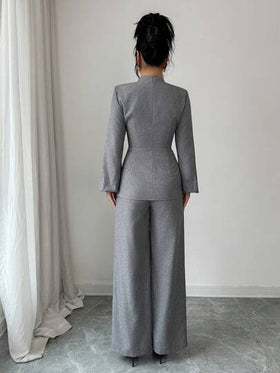 SHEIN PETITE مجموعة ملابس علوية وبنطلون للنساء الصغيرات الحجم ذات طوق عالي وأكمام فانوس وخصر قابل للسحب، مناسبة للمعلمات في فصلي الربيع والخريف
