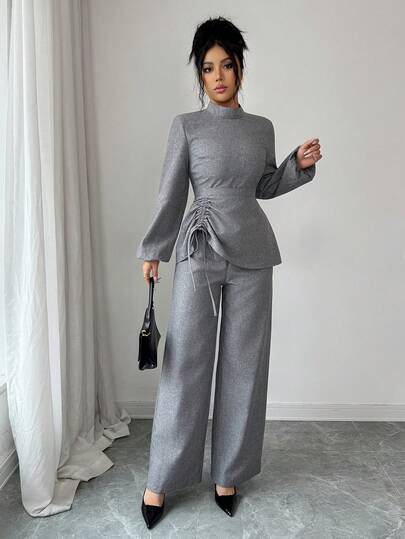 SHEIN PETITE مجموعة ملابس علوية وبنطلون للنساء الصغيرات الحجم ذات طوق عالي وأكمام فانوس وخصر قابل للسحب، مناسبة للمعلمات في فصلي الربيع والخريف