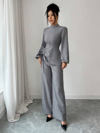 SHEIN PETITE مجموعة ملابس علوية وبنطلون للنساء الصغيرات الحجم ذات طوق عالي وأكمام فانوس وخصر قابل للسحب، مناسبة للمعلمات في فصلي الربيع والخريف