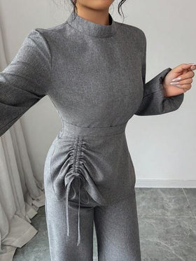 SHEIN PETITE مجموعة ملابس علوية وبنطلون للنساء الصغيرات الحجم ذات طوق عالي وأكمام فانوس وخصر قابل للسحب، مناسبة للمعلمات في فصلي الربيع والخريف