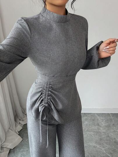 SHEIN PETITE مجموعة ملابس علوية وبنطلون للنساء الصغيرات الحجم ذات طوق عالي وأكمام فانوس وخصر قابل للسحب، مناسبة للمعلمات في فصلي الربيع والخريف