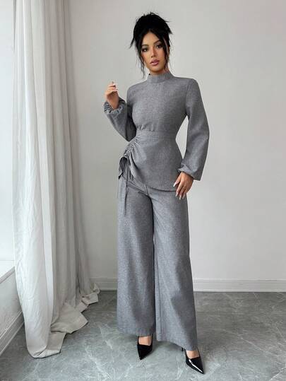 SHEIN PETITE مجموعة ملابس علوية وبنطلون للنساء الصغيرات الحجم ذات طوق عالي وأكمام فانوس وخصر قابل للسحب، مناسبة للمعلمات في فصلي الربيع والخريف