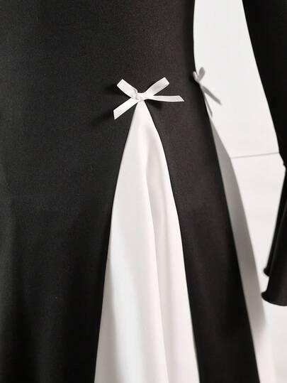 SHEIN فستان أنيق بياقة دائرية وأكمام طويلة بتصميم كتل لونية أبيض وأسود مزين بفيونكة، مناسب للارتداء اليومي وحفلات