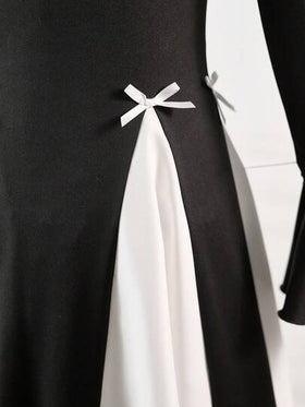 SHEIN فستان أنيق بياقة دائرية وأكمام طويلة بتصميم كتل لونية أبيض وأسود مزين بفيونكة، مناسب للارتداء اليومي وحفلات