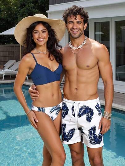Manfinity Swimmode شورت شاطئ للرجال مطبوع بنقشة النباتات الاستوائية، خصر بسحاب، جيوب، بدلة سباحة للأزواج متطابقة له وللشريكة، بدلة سباحة متطابقة للأزواج، بدلة سباحة متطابقة له وللشريكة، بدلة سباحة للرجال مطبوعة بالكامل