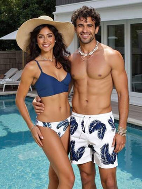 Manfinity Swimmode شورت شاطئ للرجال مطبوع بنقشة النباتات الاستوائية، خصر بسحاب، جيوب، بدلة سباحة للأزواج متطابقة له وللشريكة، بدلة سباحة متطابقة للأزواج، بدلة سباحة متطابقة له وللشريكة، بدلة سباحة للرجال مطبوعة بالكامل