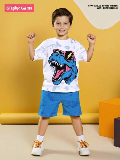 SHEIN GraphicGems طقم قصير الأكمام بطبعة ديناصور كرتونية مضحكة وشورت مناسب للأولاد الصغار، مناسب للخارج والرياضة والمدرسة في الربيع والصيف، طقم بطبعة ديناصور أزرق