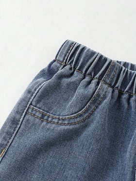 مجموعة قميص وشورت فضفاضة من الجينز المرقع للأطفال الصبيان، قطعتان