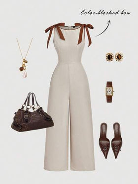SHEIN MOD جمبسوت خضراء كاكي بدون أكمام وياقة مستديرة، مزينة بشريط تباين وفيونكة، تصميم مخصر وتنورة مُنفرجة - طراز محكمة عتيق، إحساس المال القديم، مناسبة للعمل والعودة إلى المدرسة والمواعدة والحفلات والمهرجانات وأعياد الميلاد