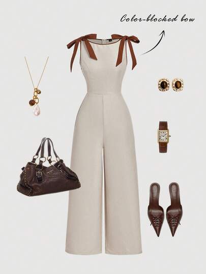SHEIN MOD جمبسوت خضراء كاكي بدون أكمام وياقة مستديرة، مزينة بشريط تباين وفيونكة، تصميم مخصر وتنورة مُنفرجة - طراز محكمة عتيق، إحساس المال القديم، مناسبة للعمل والعودة إلى المدرسة والمواعدة والحفلات والمهرجانات وأعياد الميلاد