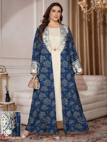 SHEIN Najma عباية كاردجان ماكسي كاجوال للنساء بطبعات زهرية وطبعات طباعة زيتية، أكمام طويلة، مناسبة للربيع والخريف، مقاسات كبيرة