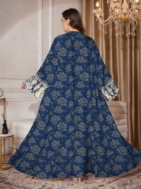 SHEIN Najma عباية كاردجان ماكسي كاجوال للنساء بطبعات زهرية وطبعات طباعة زيتية، أكمام طويلة، مناسبة للربيع والخريف، مقاسات كبيرة