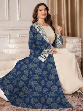 SHEIN Najma عباية كاردجان ماكسي كاجوال للنساء بطبعات زهرية وطبعات طباعة زيتية، أكمام طويلة، مناسبة للربيع والخريف، مقاسات كبيرة