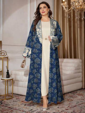SHEIN Najma عباية كاردجان ماكسي كاجوال للنساء بطبعات زهرية وطبعات طباعة زيتية، أكمام طويلة، مناسبة للربيع والخريف، مقاسات كبيرة