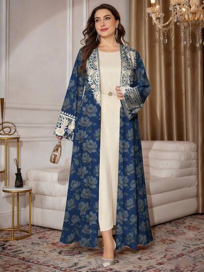 SHEIN Najma عباية كاردجان ماكسي كاجوال للنساء بطبعات زهرية وطبعات طباعة زيتية، أكمام طويلة، مناسبة للربيع والخريف، مقاسات كبيرة