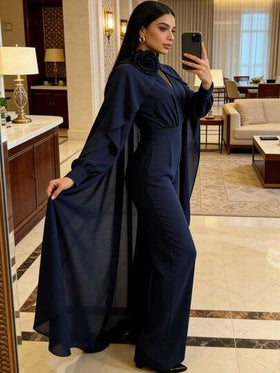 Rafferiza جمبسوت أنيقة باللون الأزرق الداكن مع ياقة على شكل حرف V عميقة، أكمام مكسرة، زخرفة زهرية ثلاثية الأبعاد، ساق واسعة، جمبسوت فستان أنيقة وراقية