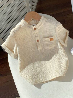 SHEIN قميص أبيض قصير الأكمام بياقة مندرين مناسب للأطفال الرضع في الصيف، مناسب لحفلات عيد الميلاد والحفلات المسائية والأعراس وحفلات استقبال المواليد وحفلات عيد الميلاد الأول