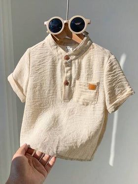 SHEIN قميص أبيض قصير الأكمام بياقة مندرين مناسب للأطفال الرضع في الصيف، مناسب لحفلات عيد الميلاد والحفلات المسائية والأعراس وحفلات استقبال المواليد وحفلات عيد الميلاد الأول