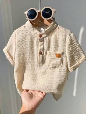 SHEIN قميص أبيض قصير الأكمام بياقة مندرين مناسب للأطفال الرضع في الصيف، مناسب لحفلات عيد الميلاد والحفلات المسائية والأعراس وحفلات استقبال المواليد وحفلات عيد الميلاد الأول