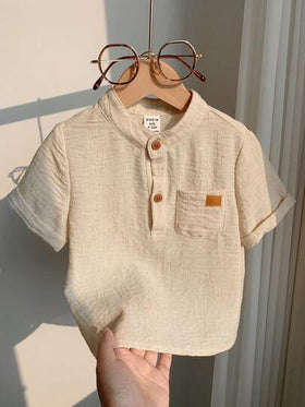 SHEIN قميص أبيض قصير الأكمام بياقة مندرين مناسب للأطفال الرضع في الصيف، مناسب لحفلات عيد الميلاد والحفلات المسائية والأعراس وحفلات استقبال المواليد وحفلات عيد الميلاد الأول