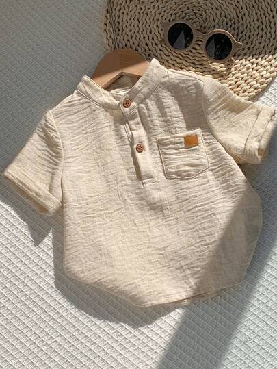 SHEIN قميص أبيض قصير الأكمام بياقة مندرين مناسب للأطفال الرضع في الصيف، مناسب لحفلات عيد الميلاد والحفلات المسائية والأعراس وحفلات استقبال المواليد وحفلات عيد الميلاد الأول