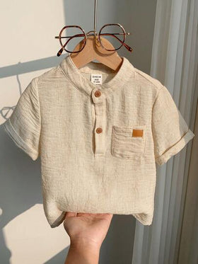 SHEIN قميص أبيض قصير الأكمام بياقة مندرين مناسب للأطفال الرضع في الصيف، مناسب لحفلات عيد الميلاد والحفلات المسائية والأعراس وحفلات استقبال المواليد وحفلات عيد الميلاد الأول