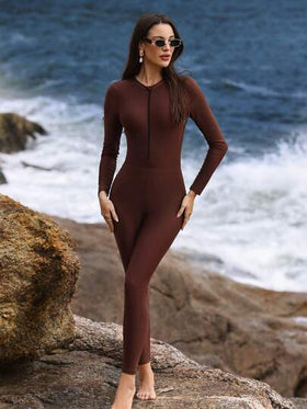 Swim Shayni بدلة سباحة قطعة واحدة مع تنورة، تدرج ملمس مجعد وسحاب، 3 قطع، ملابس سباحة محافظة للحماية من الشمس، بأسلوب أوروبي وأمريكي، بنطلون طويل الأكمام بلون بني