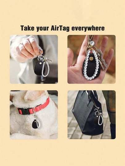 حامل AirTag مصنوع يدويًا من الجلد مع فيونكة اللؤلؤ - غطاء واقي من جلد البولي يوريثان مع حلقة مفتاح وتميمة معلقة | ملحق AirTag جميل للمحفظة والحقيبة والحقيبة الصغيرة | هدية للنساء والفتيات في عيد الحب والكريسماس والذكرى السنوية | ملحق سلسلة مفاتيح للمفاتيح