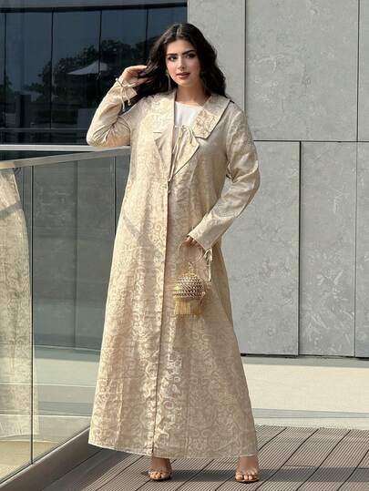 Yasmyna رمضان عباءة نسائية كاجوال ذات أكمام طويلة بتصميم جاكارد أحادي الصدر للاستخدام اليومي