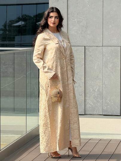 Yasmyna رمضان عباءة نسائية كاجوال ذات أكمام طويلة بتصميم جاكارد أحادي الصدر للاستخدام اليومي